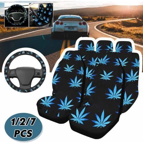 1/2/7PCS Blue Leaves Printing Universal Car Seat Covers Car Seat Protector Seat Cushion Full Cover For Most Car Cool Style