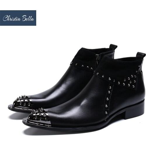Christia Bella Rivets Men Formal Shoes Genuine Leather Boots New Fashion Simplicity Pointed Toe Boots Large Size Short Boots