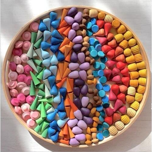 Kids Wooden Toys Rainbow Block Loose Parts Mushroom Honeycomb Droplets Tree cones Cones Creative Building Blocks for Children