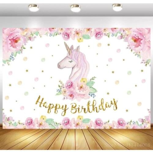 Customize Unicorn Birthday Party Backdrop Pink Baby Flower Child Family Party Portrait Photography Background Photo Studio
