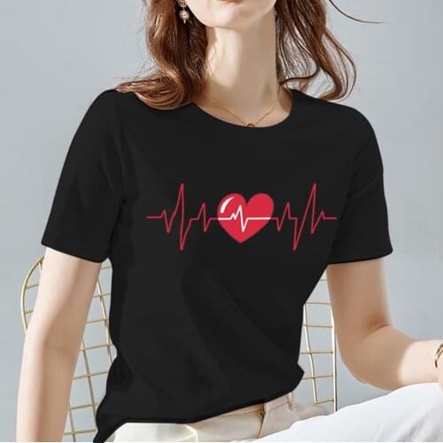 Women Tshirts Love Heart Pattern Printing Series Tops Black Basis O-neck Tshirt Harajuku Casual Soft Short Sleeve Women Clothes