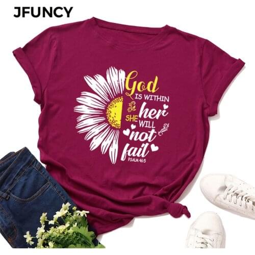 JFUNCY Plus Size Summer T-shirt Women Cotton T Shirt New Sunflower Printed Tshirt Short Sleeve Loose Woman Tops Female Tee Shirt