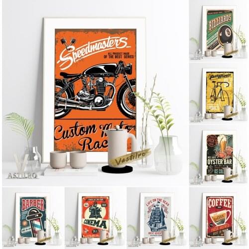 Classic Vintage Art Advertising Prints Poster Coffee Bike Seafood Oyster Barber Shop Cinema Billiards Vodka Bar Pub Club Decor