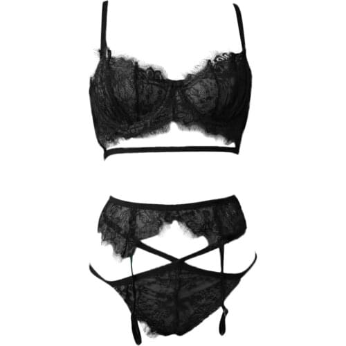 3pcs Erotic Lingerie Sets Bra V-Neck Floral Lace Sexy Transparent Sleevless Thong Garter Underwear for women Bielizna Erotyczna