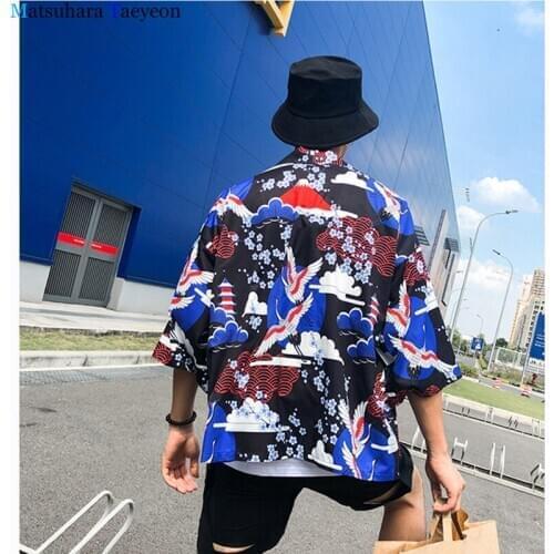 Summer Youthful Vitalify Japanese Kimono Jacket Floral Crane Harajuku Hip Hop Men Japan Streetwear Jacket Thin Loose Style