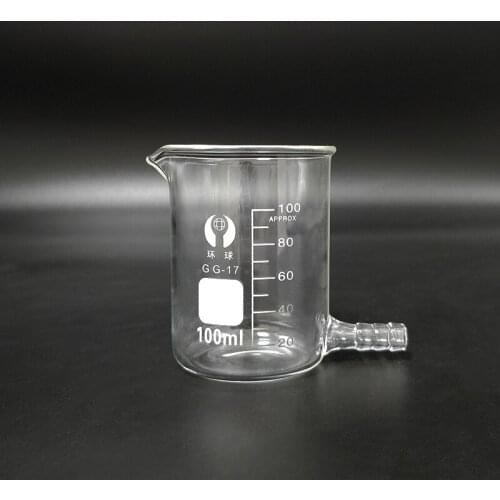 Beaker in low form with Lower tube,Capacity 100ml,Beaker with tubules,Outer diameter=50mm,Height=70mm,Laboratory beaker