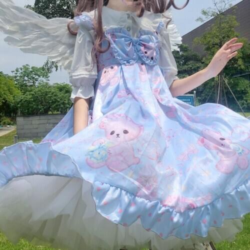 Sweet lolita dress vintage falbala bowknot cute printing high waist princess victorian dress kawaii girl gothic lolita cos loli