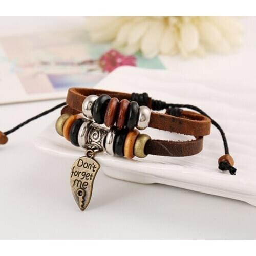 Fashion Key Beads Charm Bracelet Wrap Vintage Multilayer Leather Don't forget me Bangle Wristbands Women Friendship Jewelry Gift