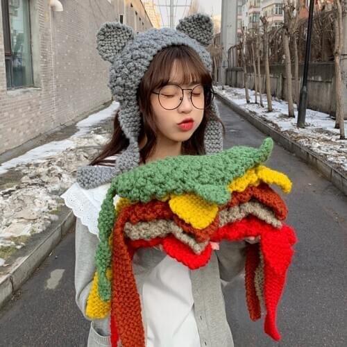 New Women Hat Baggy Bonnet Beanies Female Cat Hat Knitted Winter Hats Soft Skiing Slouchy Beanie with Back Opening Party Hat