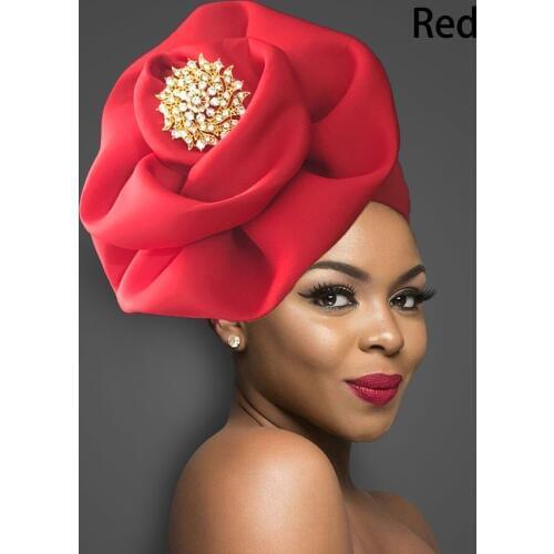Solid African turban big flower design headtie cap for fashion women headwrap with badge