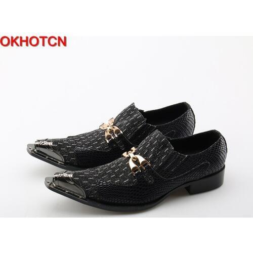 OKHOTCN Black Metal Pointed Toe Men Shoes Genuine Leather Formal Business Shoes Gold Hasp Plaid Mens Suit Dress Wedding Shoes