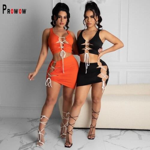 Prowow Sexy Bandage Women Set Corset Tops Mini Dress Two Piece Summer Matching Set Pluse Size Ladies Streetwear Clothing S-4XL