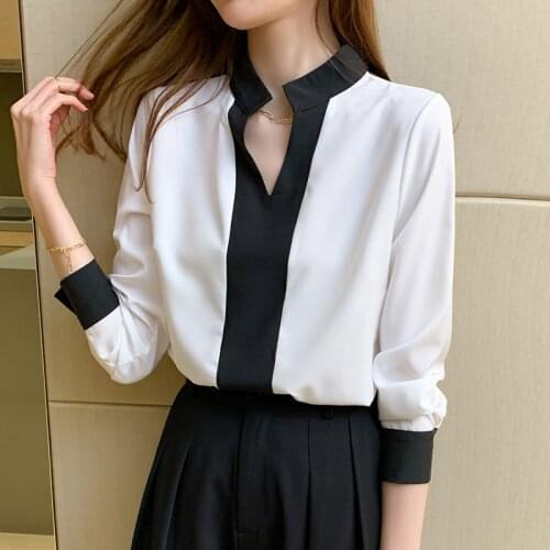 QoerliN Chiffon Shirt Women 2020 new V-neck Contrast Color Design OL Commuter Shirt Plus Size Long Sleeve White Blouse Plus Size