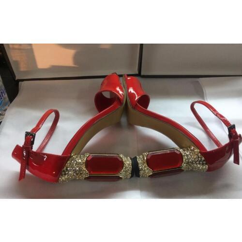 Summer Red black sandals women ankle strap crystal chunky high heels rhinestone bridal wedding shoes diamond sandalias