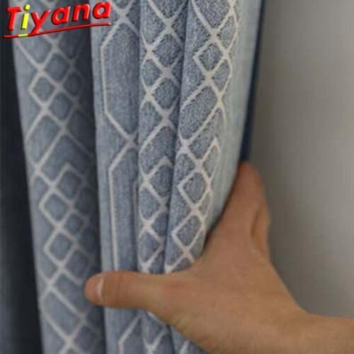 Nordic Modern Chenille Jacquard Curtains for Living Room Blue Geometric Blackout Window Drapes Panel White Mesh Yarn W-HM156VT