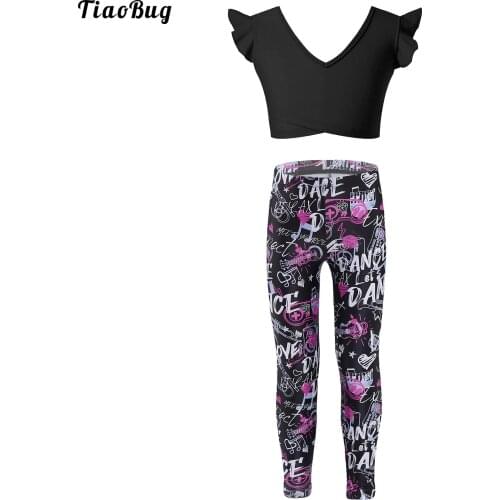 TiaoBug Kids Girls V Neck Wide Shoulder Straps Ruffle Sleeveless Sports Tops With Low-Waisted Pattern Printed Leggings Dance Set