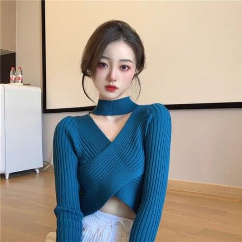 Woman Sweaters Cross Short V-neck Halter Long-Sleeved Sweater Top Womens Autumn Winter Tight Sweater Inner Wear