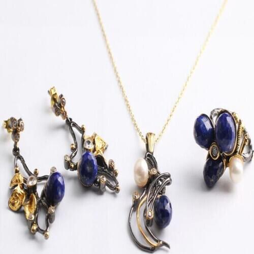 Woman Handmade Oval Pearl Blue Lapis Lazuli 925 Silver Jewelry Set, Lapis Lazuli ring,Lapis Lazuli Necklace