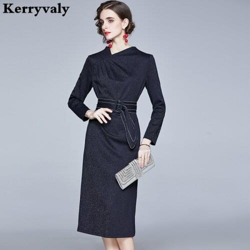Spring 2021 Professional Package Hip High-end Knitted Dress Women Long-sleeved Dark Blue Midi Office Party Dress Sukienki K516