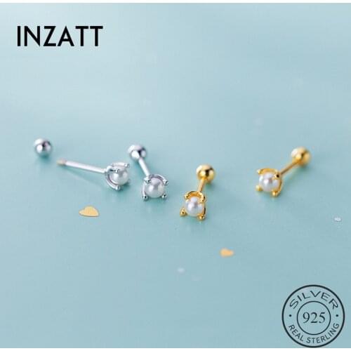INZATT Real 925 Sterling Silver Minimalist Pearl Round Stud Earrings For Fashion Women Fine Jewelry Bohemian Accessories Gift