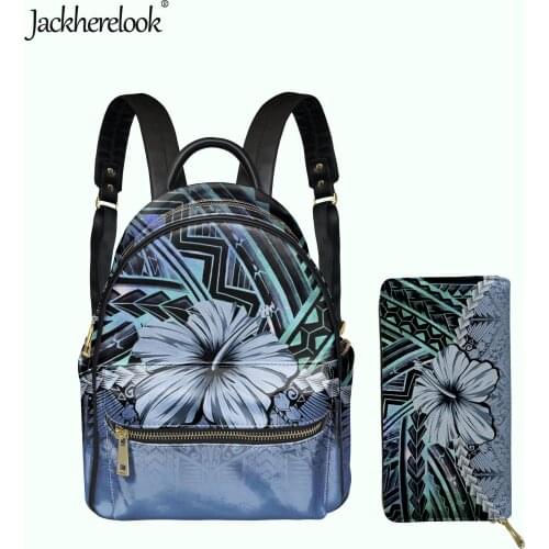 Jackherelook Polynesian Hibiscus Design Small PU Backpack Wallet 2pcs/Set for Women Girls Mini Campus Schoolbag Satchel bolso