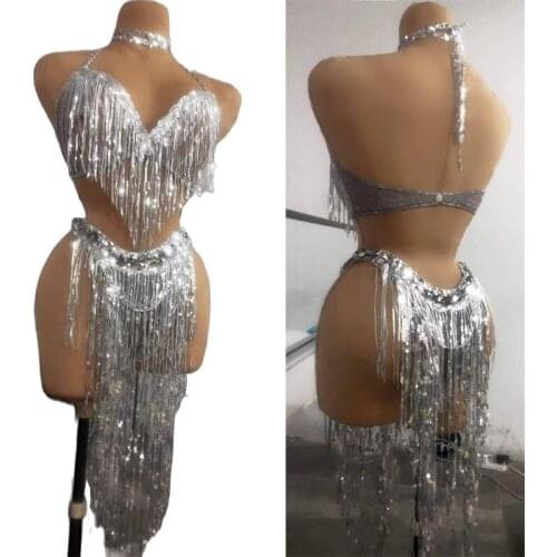 Women Sparkling Silver Sequin Tassel Bikini Sets Sexy Halter Fringes Bra Shorts Nightclub DJDS Pole Dance Stage Outfit Sets