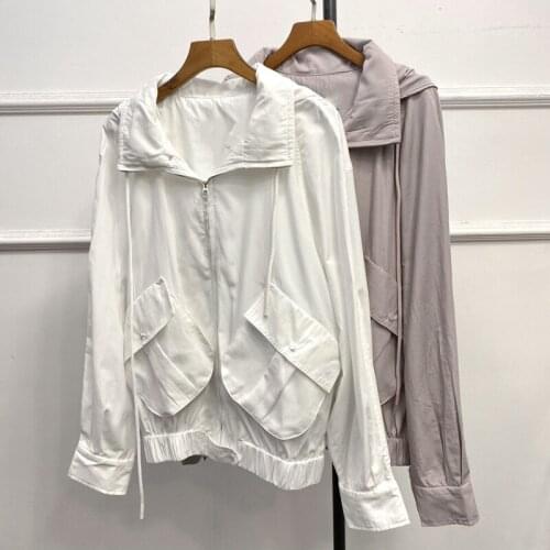 Womens Sun Protection Coat Ladies Loose Drawstring Hooded Big Pocket Jacket Female Zipper Breathable Casual Outwear Tops