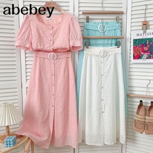 Fashion O-neck short sleeve hollow out Shirt Top + high waist lace up waist single breasted Skirt 2-piece set 2021 New Summer