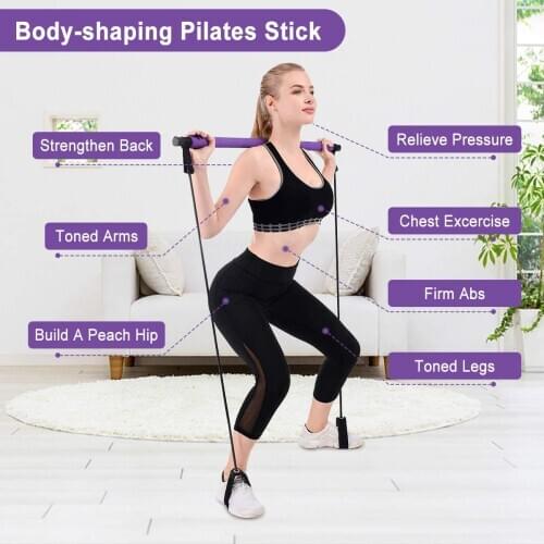 Pilates Bar with Exercise Resistance Band Adjustable Foot Loop Stick for Home Gym Total Body Workout Yoga Fitness Stretch