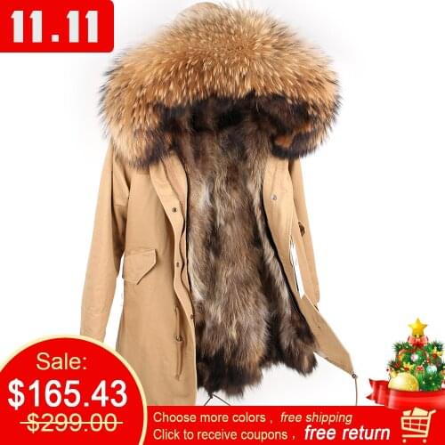 Mens Real raccoon fur Jacket Men Real Fur Parka with Removable Raccoon Fur Liner Hood Winter Long Warm Coat