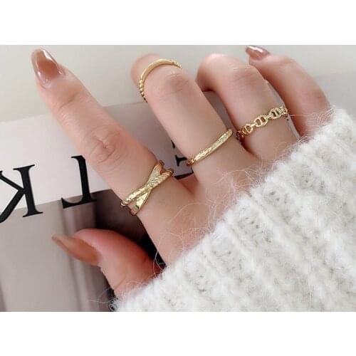 Minar 4 PCS/Set Minimalist Hollow Link Open Rings Set for Women Brass Gold Chunky Chain Twist Cross Charm Rings Accessories