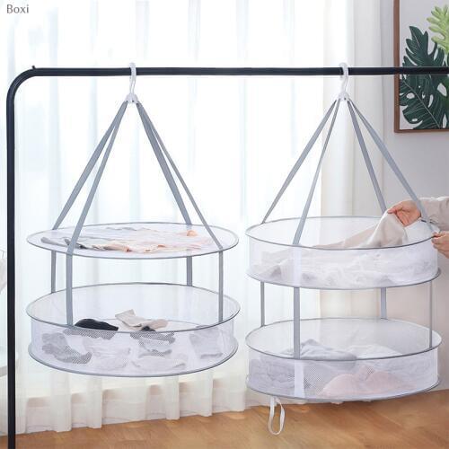 Boxi New Double-layer Clothes Dryer Basket Foldable Windproof Underwear Drying Net Multi-purpose Clothes Drying Rack Basket