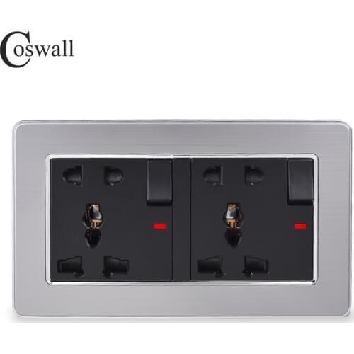 COSWALL Stainless Steel Panel 2 Gang 13A Universal 5 Hole Switched Socket With Neon Grounded With Children Protective Door