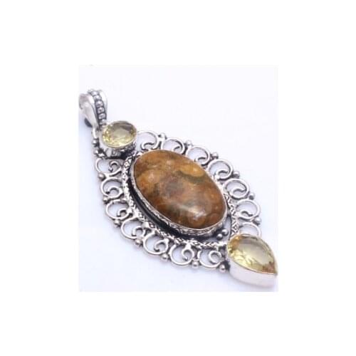 Genuine Rhyolite Jasper + Citrine Pendant Silver Overlay over Copper , 75 mm, P10758