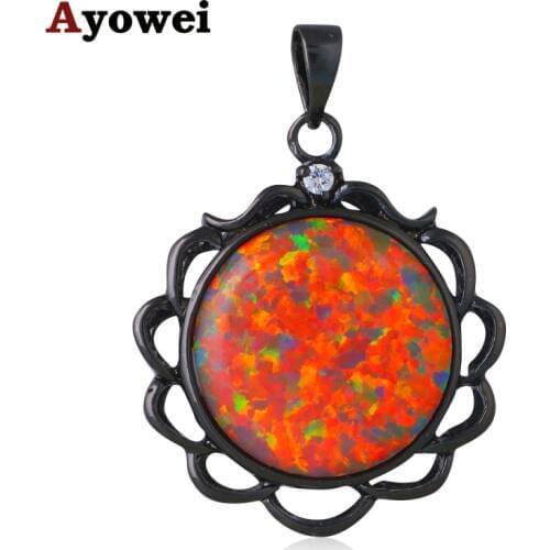 Glam Luxe Mysterious Round Flower Orange Fire Opal Black Gold Tone Exaggerated Fashion Jewelry Necklace Pendants OP604A