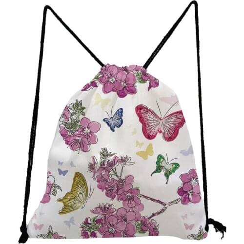 Pretty Softback Bag Floral Butterfly Print Backpack Preppy Style Drawstring Bag Fashion Travel Bag Portable Shoe Bag for School