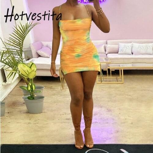 Hotvestita Sexy Backless Slip Dress Print Drawstring Bandage Ruched 2021 New Summer Bodycon Skinny Women Party Club Mini Dresses