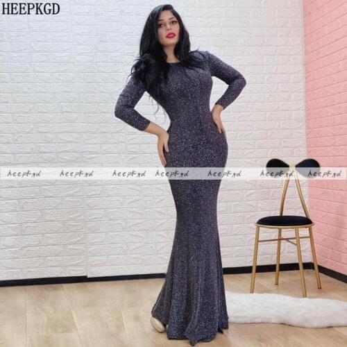 Grey Mermaid Long Sleeve Evening Dress Backless Floor Length Shiny Long Formal Gown Plus Size Women Prom Party Dresses Cheap