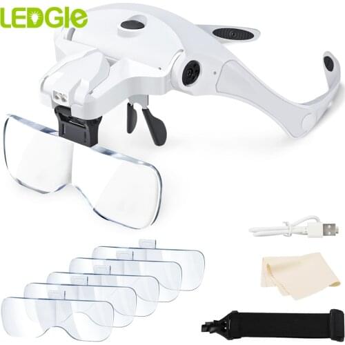 LEDGLE Headband Magnifier LED Light USB Charging Loupe Glasses Lamp Handsfree Reading Jeweler Tool Repair Magnifying Glasses