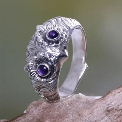 Vintage Silver Plated Owl Wisdom Ring Simple Design Purple Stone Rings For Men Women Punk Party Jewelry Accessories Gift A4Z162