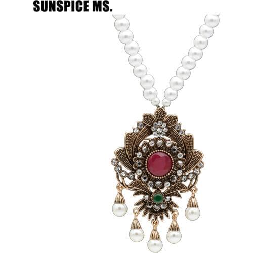 Vintage Flower Strand Bead Pendant Necklace Set Women Antique Simulated-pearl Chain Turkish Indian Wedding Resin Corsage Jewelry