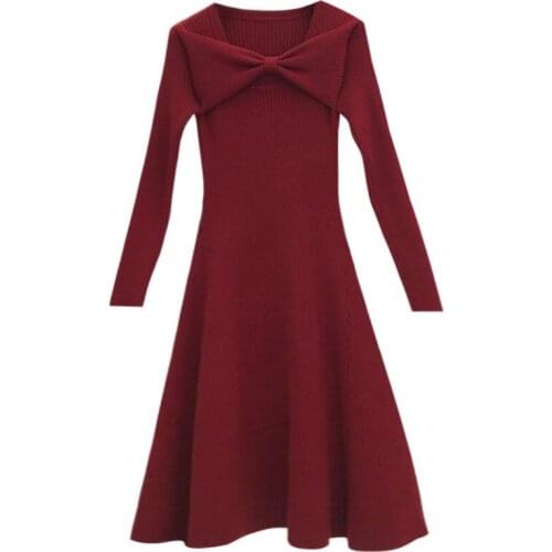Knitted Winter Autumn Plus Size Dress Women Black Red Sweater Elegant Pastel Korean Dress Trendy Bowknot Ukraine Festival Robe