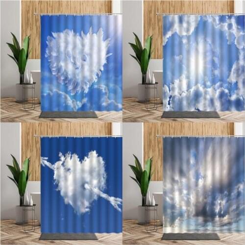 Sunlight Blue Sky Shower Curtain Love Heart Shaped Clouds Bathroom Bath Decor Creative Backdrop Fabric Printed Home Curtains Set