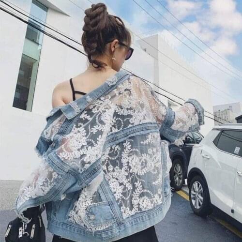 Mesh Embroidery Hole Fashion Denim Jacket Womens 2021 Spring Short Lace Splicing Denim Jacket