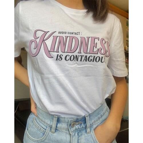 Kindness is Contagious Graphic Letters Print White Cotton Tees For Women Short Sleeve Loose American Vintage Y2K Casual Tshirts