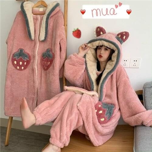Lady Winter Flannel Strawberry Cute Warm Furry Pyjamas Hooded Women Long Sleeve Loose Comforted Nightdress Pajama Set Sleepwear