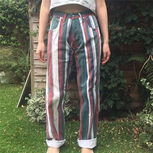 Women Stripe Straight Pants Summer High Waist Jeans Female Autumn Loose Casual Long Trousers Streetwear Women Jeans