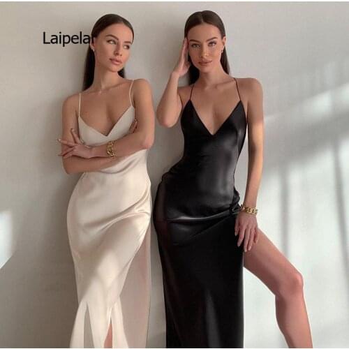 Women Satin Spaghetti Strap Dress Sexy Deep V Neck Backless Nightclub Dresses 2021 Summer Elegant High Split Party Midi Dress