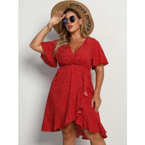 2021 Fashion Women Summer Dress Plus Size V Neck Flare Sleeve Dot Print Ruffles Beach Dress Red High Waist Short Mini Dresses