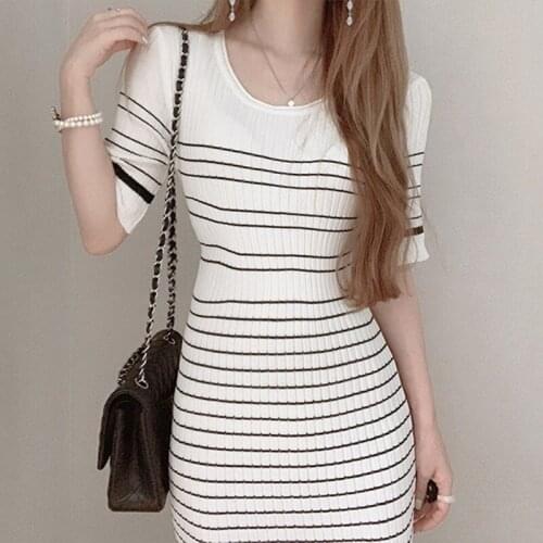 2021 Summer Korean Chic Knitted Sweater Dress Female Elegant O Neck Contrast Striped Short-Sleeved Slimming Midi Knitted Dresses